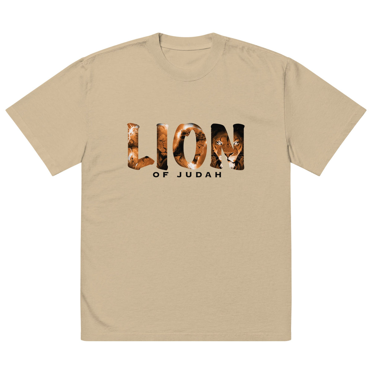 LION oversized tee in faded khaki — front view