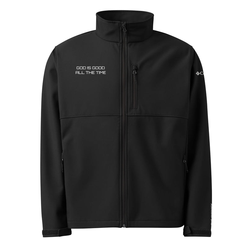 God Is Good Columbia soft shell jacket in black — faith-based apparel KingJesus.shop