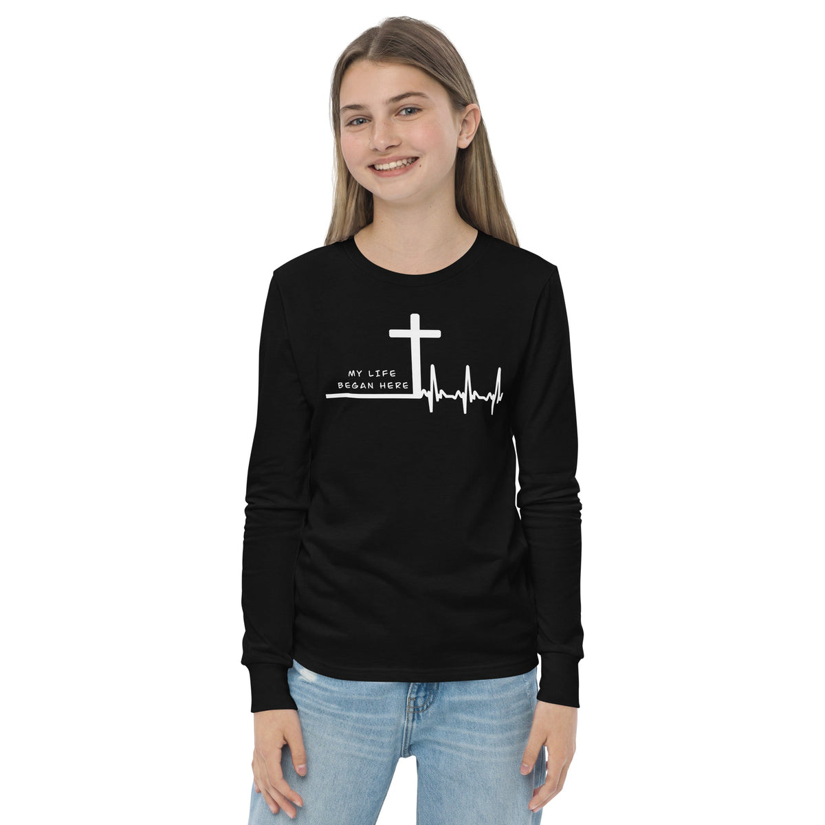My Life Began Here youth long sleeve tee in black — lifestyle view