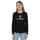 My Life Began Here youth long sleeve tee in black — lifestyle view