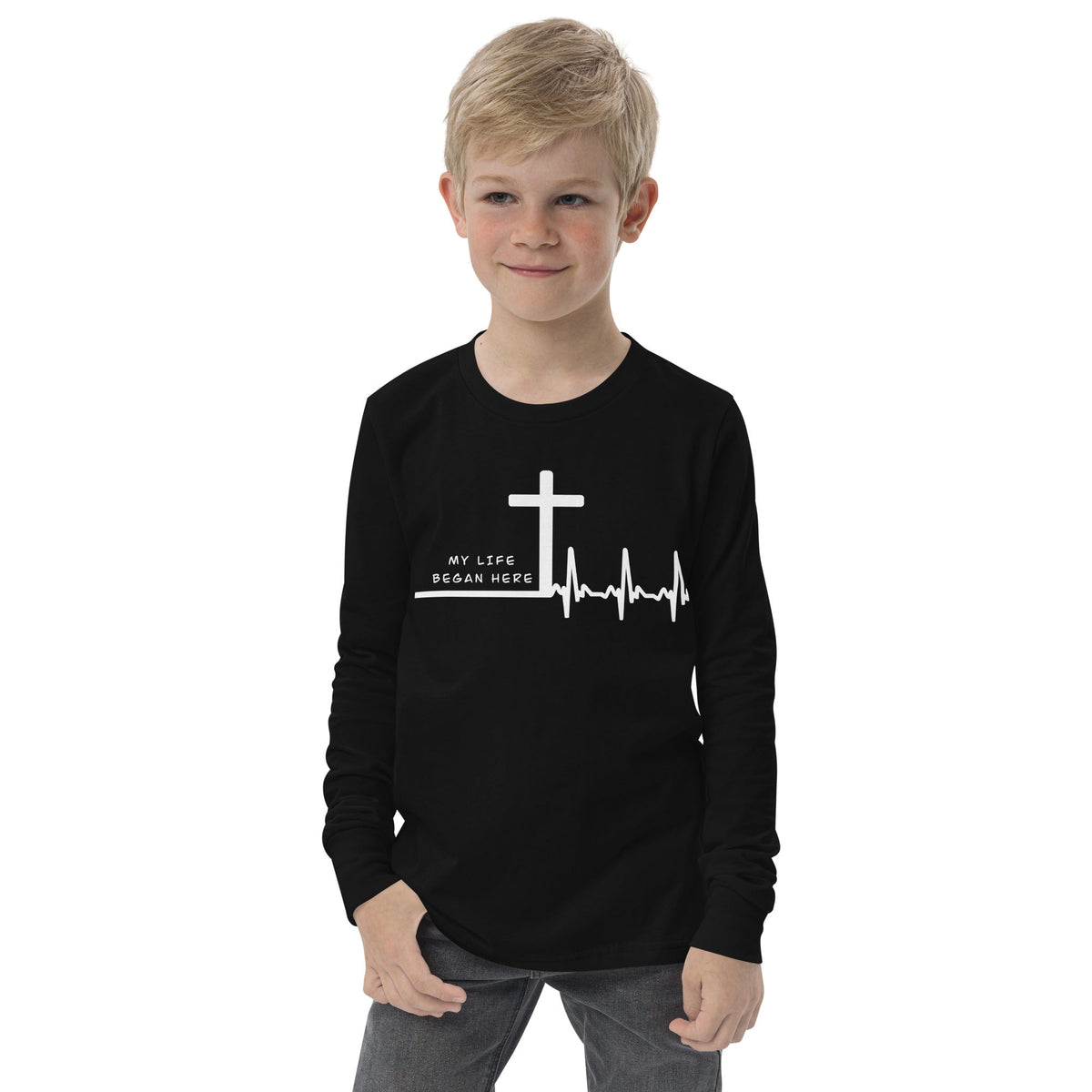 My Life Began Here youth long sleeve Christian tee in black — front view KingJesus.shop