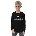 My Life Began Here youth long sleeve Christian tee in black — front view KingJesus.shop